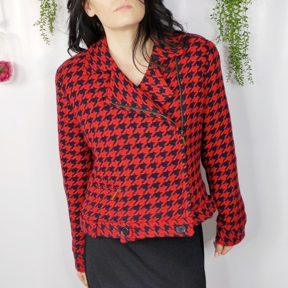 Tommy Hilfiger Jackets & Blazers - TOMMY HILFIGER red houndstooth moto jacket 1058
